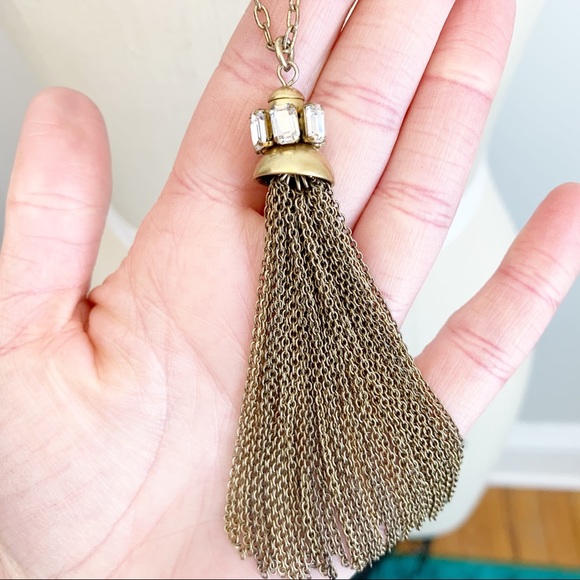 J Crew Long Gold Rhinestone Chain Tassel Necklace - Picture 3 of 6